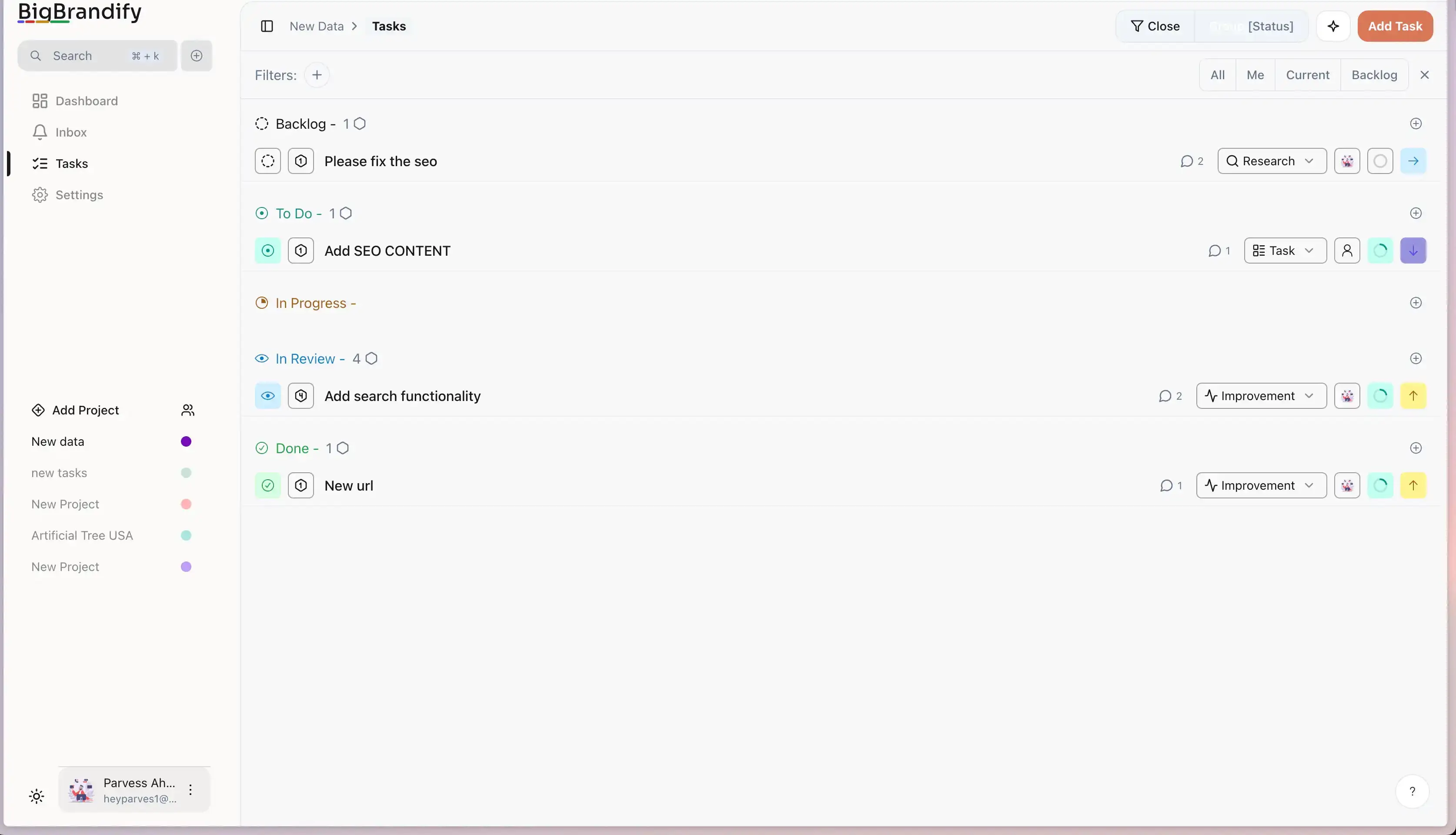 BigBrandify Application Example, task board project management backlog for agile tool.